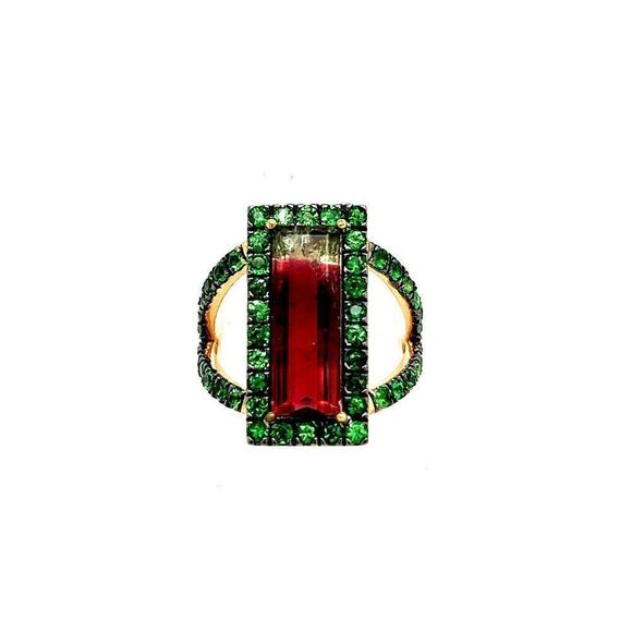 Natural Watermelon Tourmaline Tsavorite Ring 7 14k YG 4.7 TCW Certified 300684 - Picture 1 of 12